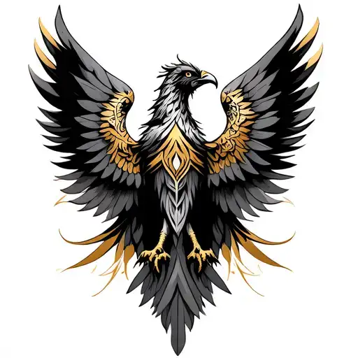 Phoenix Tribal With Gold Wings Spread Wings Looking