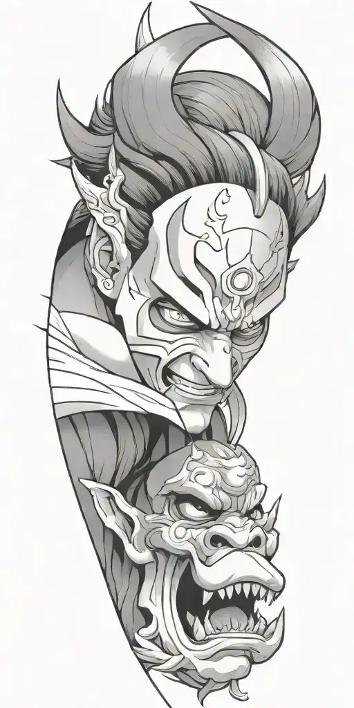 Anime Character Wearing A Oni Mask Fighting Off Inner Demons