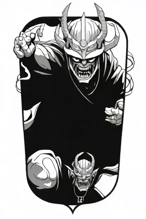 Anime Character Full Body Wearing A Oni Mask Fighting Off Inner Demons