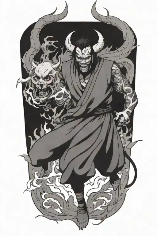 Anime Character Full Body Wearing A Oni Mask Fighting Off Inner Demons With Minimal Black Areas