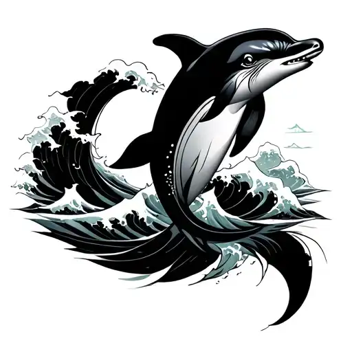 Traditional Japanese Style Tattoo Featuring A Dolphin Jumping Out Of Waves
