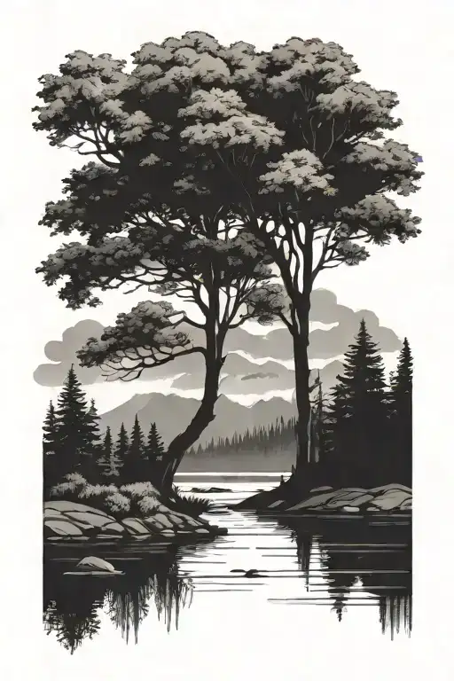 Lake In Front Of A Tree Line