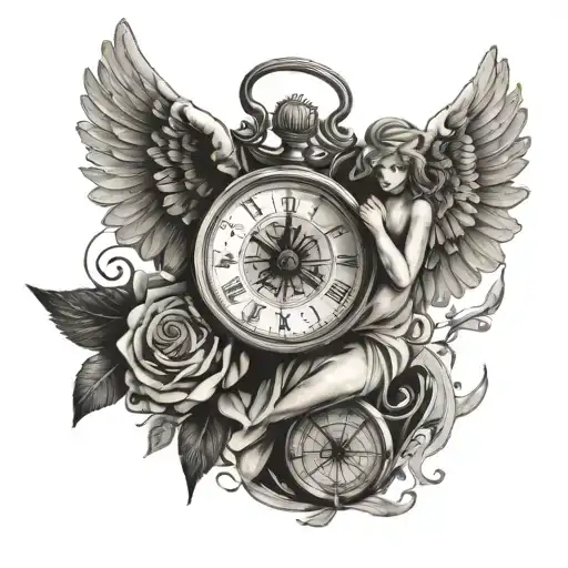 Angel Holding Clock And Compass Rose Intertwined