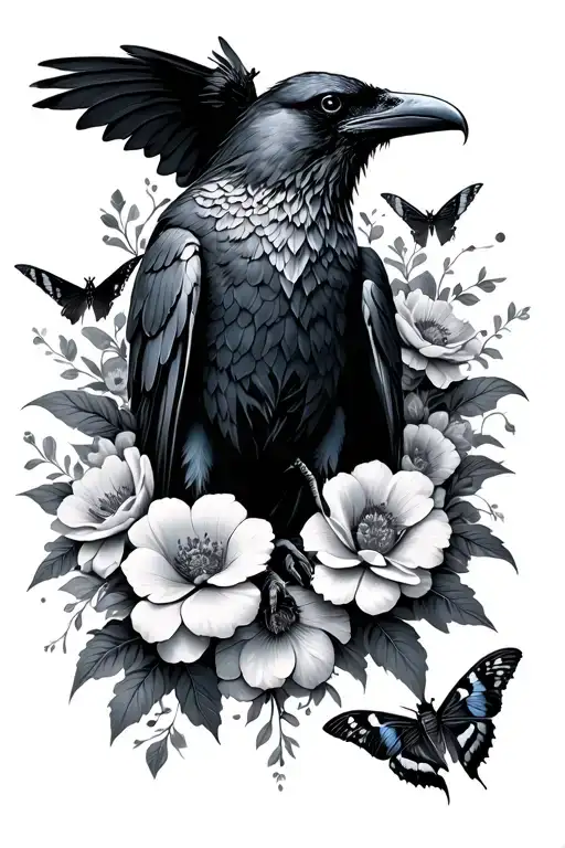 Raven Surrounded By Flowers And Death Moths