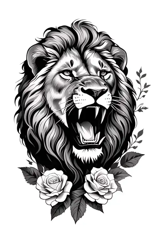 Lion Roaring With Roses And Flowers