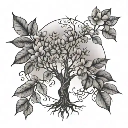 Fine Line Tree Of Life With Flowers In The Leaves