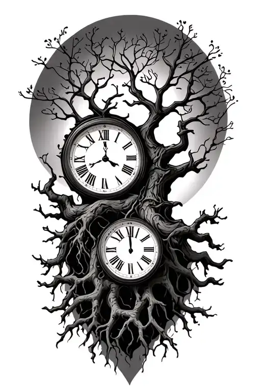 Bare Branch Tree With Thick Roots And Clock