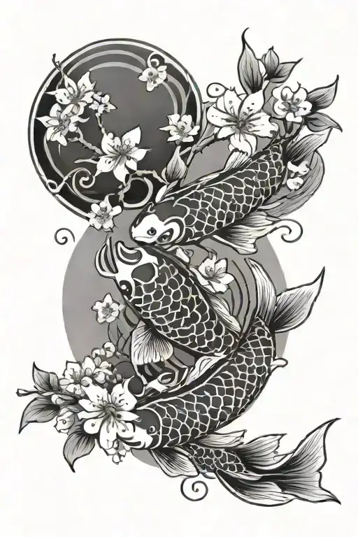 Koi Ying Yang Cherry Blossom Branch Surrounded