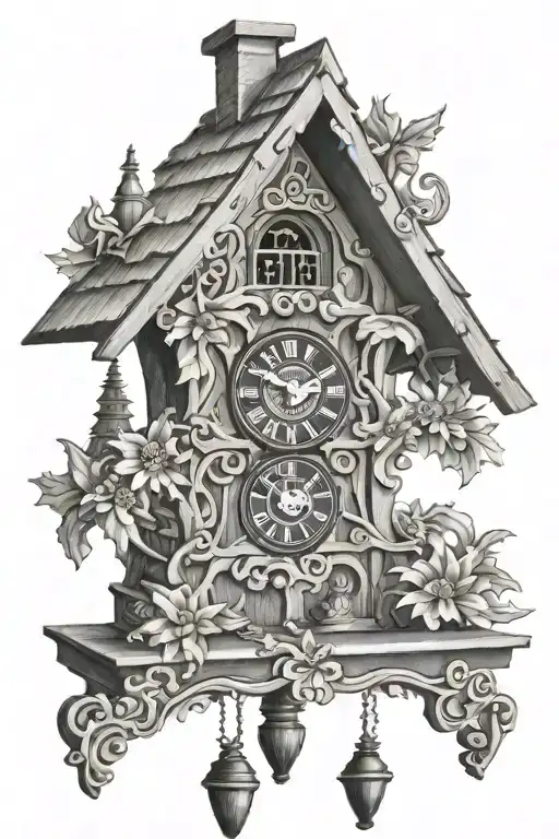 Bavarian Cuckoo Clock With Edelweiss Surrounding And A Chimney Roof With Weights On Bottom