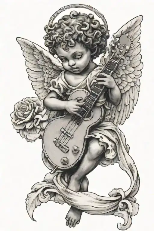 A Cherub Of A Black Angel Holding A Guitar
