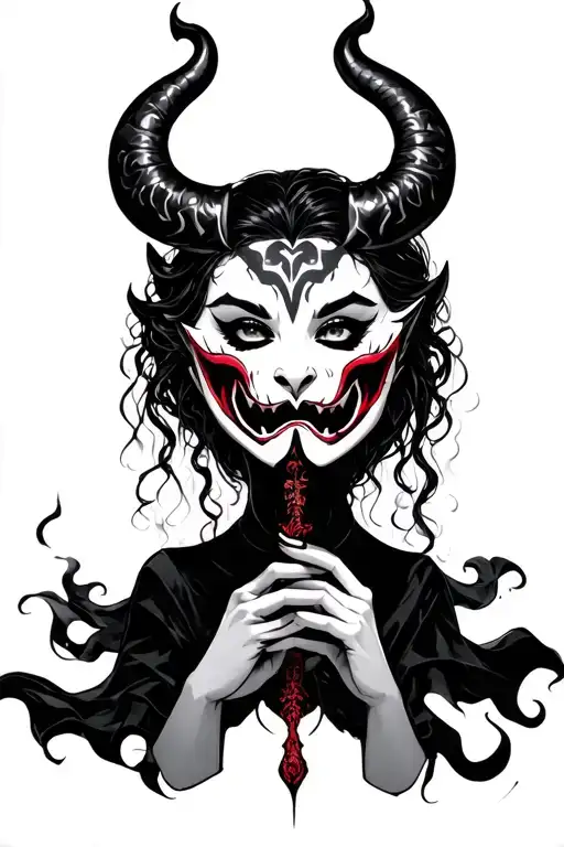 Vampire Woman Taking Off A Oni Mask Holding