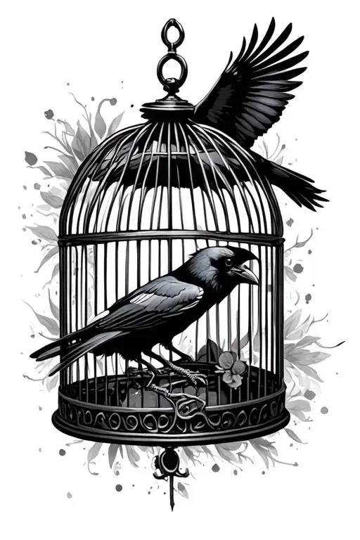 Open Bird Cage With Crow Flying