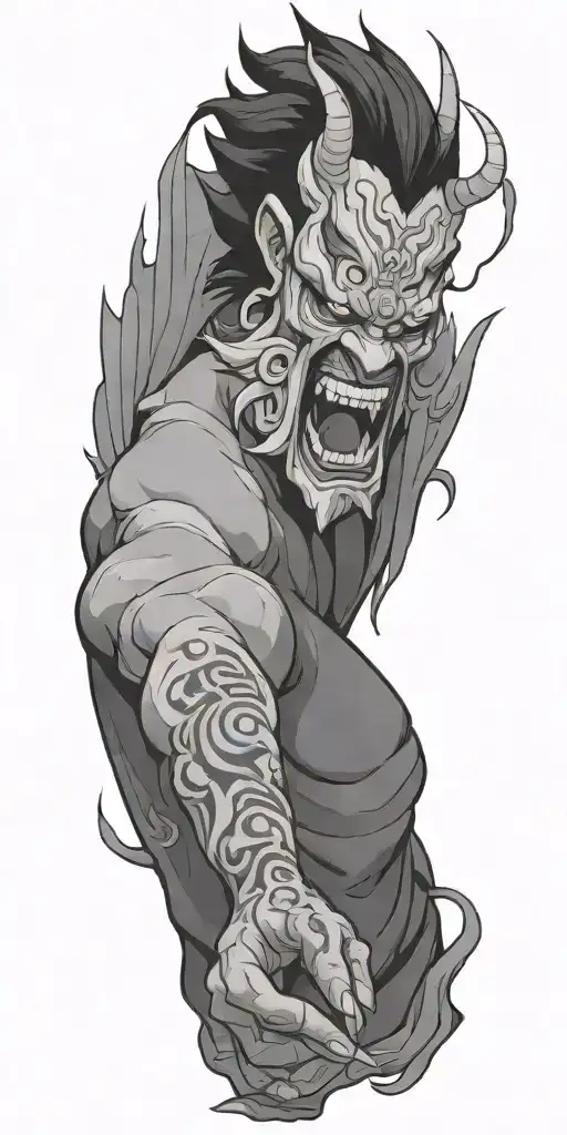 Male Anime Character Oni Mask Fighting Off Inner Demons With Minimal Black