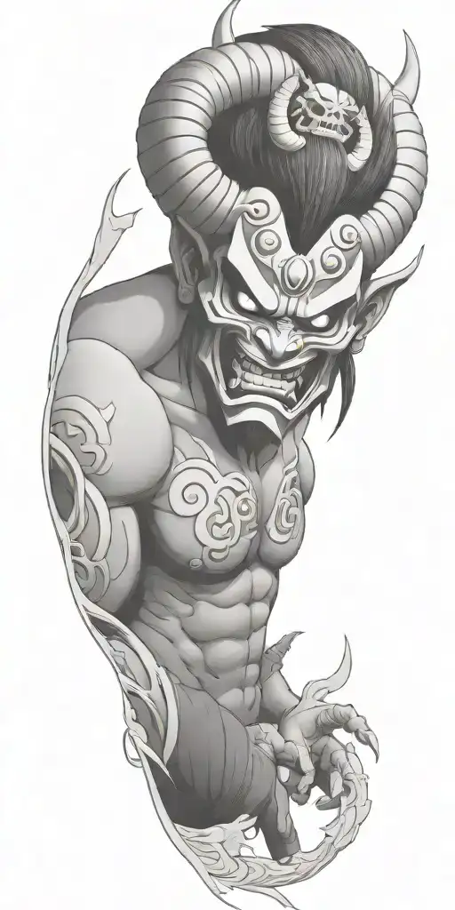 Male Anime Character Oni Mask Fighting Off Inner Demons