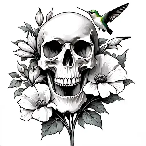 Skull With Gladiolus Flower Blooming And Poppy Flower Blooming And Hummingbird