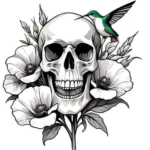 Skull With Gladiolus Flower Blooming And Poppy Flower Blooming And Hummingbird