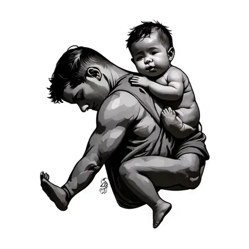 Father Carrying Baby Boy At The Back