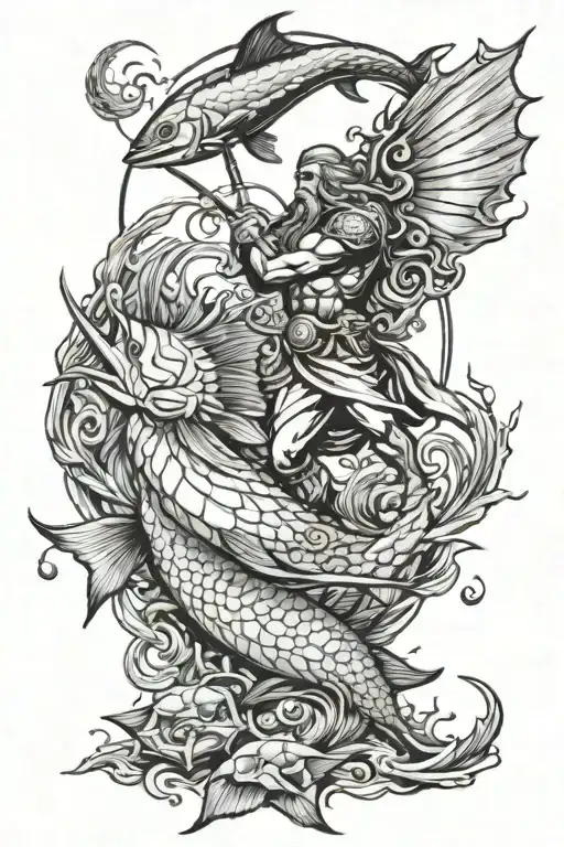 Poseidon With A Sailfish And Turle That Are Swining Around Poseidon