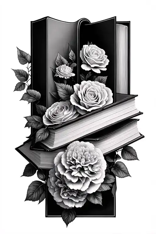 Open Books And Roses Hydrangeas And Carnations Wrapped Around Light Grey