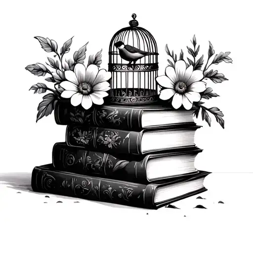 Stack Of Books With Birdcage And Vird On Top Flowers Surrounding