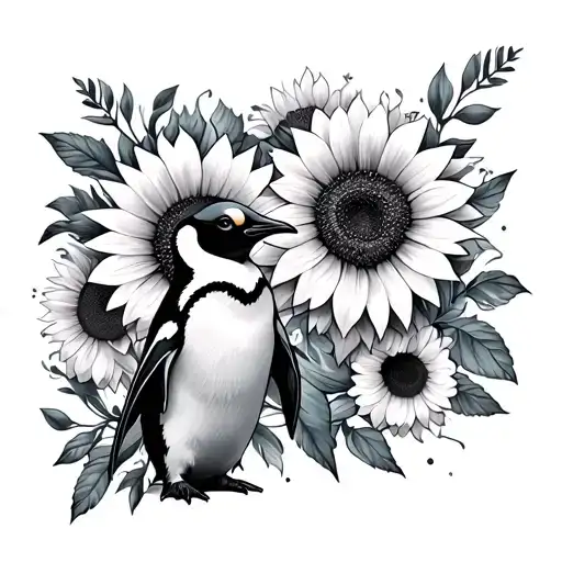 Emperor Penguin And Sunflowers Wrapped