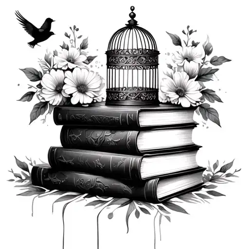 Stack Of Books With Birdcage And Bird Flying Out On Top And Flowers Surrounding