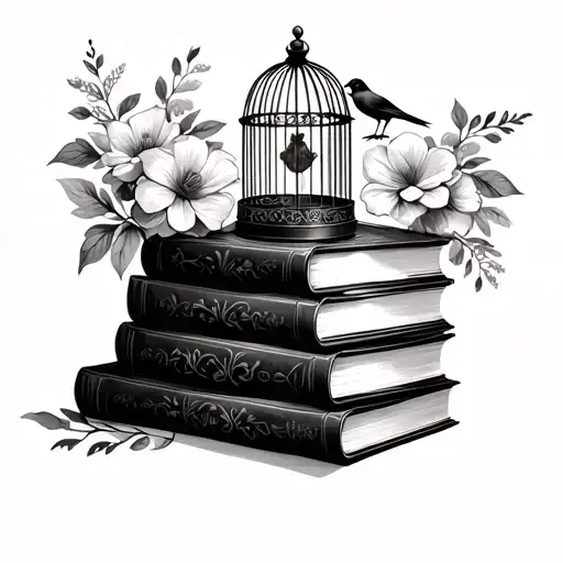 Birdcage And Bird On Top Of A Stack Of Books And Flowers Surrounding