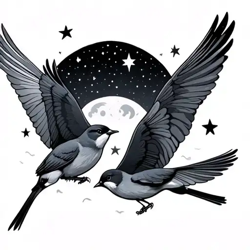 3 Little Birds Flying To The Night Sky With Stars And Moon