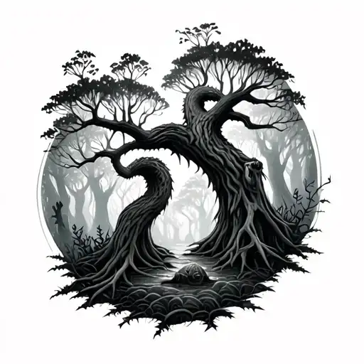 Dark Forest With Hidden Creatures