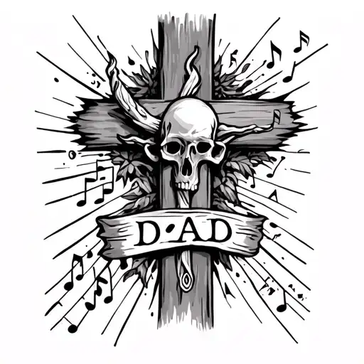 Tatoo With Date Of Birth And Death And Word Dad And Music Notes Coming Out Of The Cross