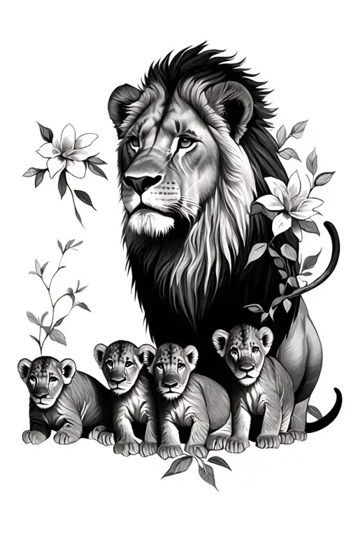 Lioness And Three Cubs With Flowers
