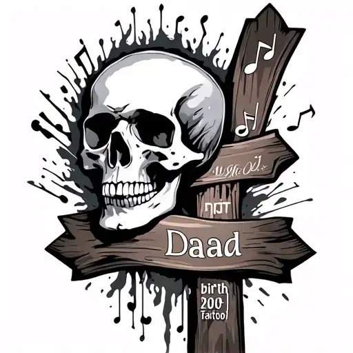 Tatoo With Date Of Birth And Death And Word Dad And Music Notes Coming Out Of The Cross No Skull