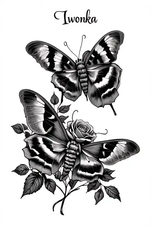 Moth And Roses With Name Iwonka
