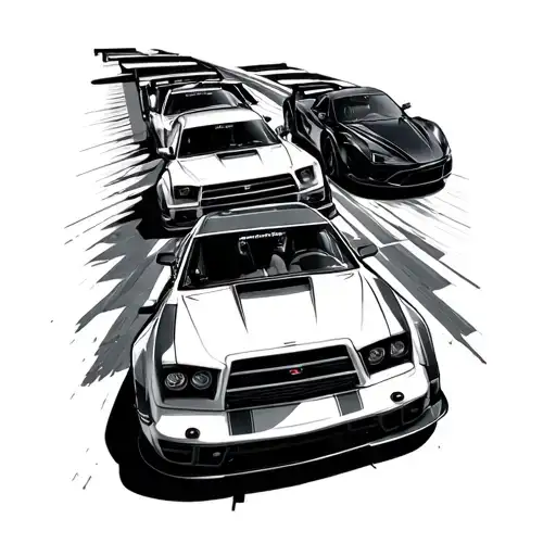 Sports Cars Of Different Models On A Racing Track With Motor Parts As Background