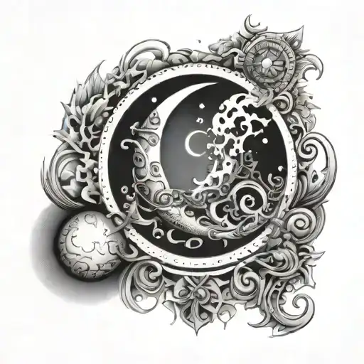 Esoteric Crescent Moon Surrounded By Mystical Symbols