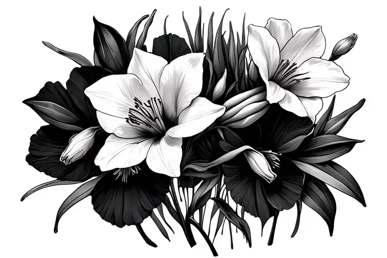 Gladiolus And Narcissus Flowers On A Bed Of Poppies