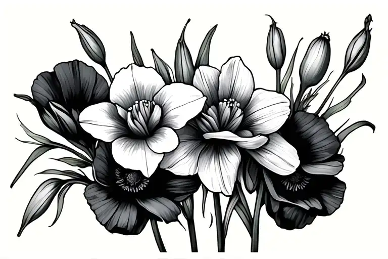 Gladiolus And Narcissus Flowers On A Bed Of Poppies