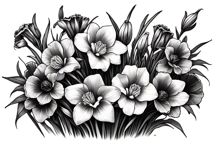 Gladiolus And Narcissus Flowers On A Bed Of Poppies