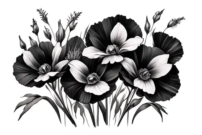 Gladiolus And Narcissus Flowers On A Bed Of Poppy Flowers