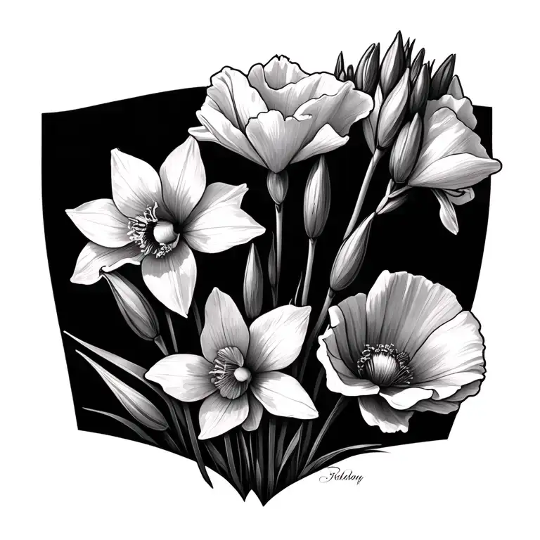 Gladiolus And Narcissus Flowers On A Bed Of Poppy Flower