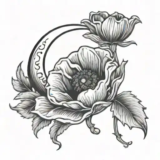 Esoteric Crescent Moon With Poppy Flower