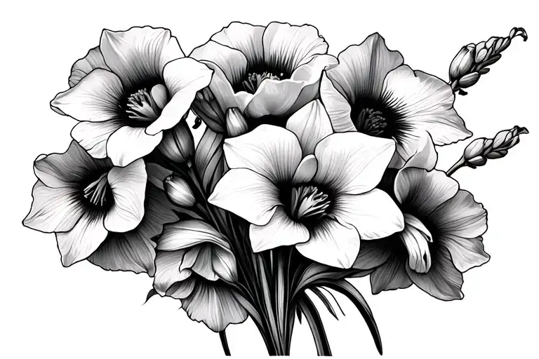 Gladiolus And Narcissus Flowers On A Bed Of Poppies