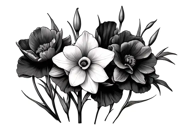 Gladiolus And Narcissus Flower On A Bed Of Poppies