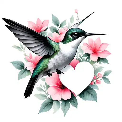 Humming Bird With White Heart And Pink Flowers