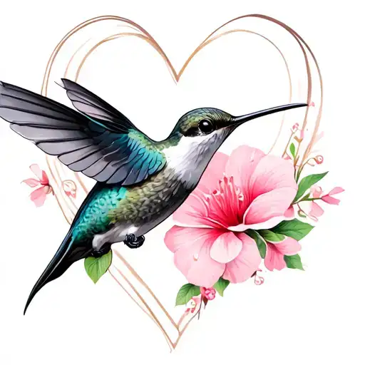 Humming Bird With White Heart Around It And Pink Flowers