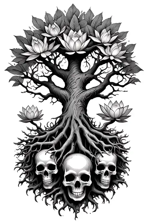 Tree Of Life With Skulls In The Roots And Lotus Flowers Around It