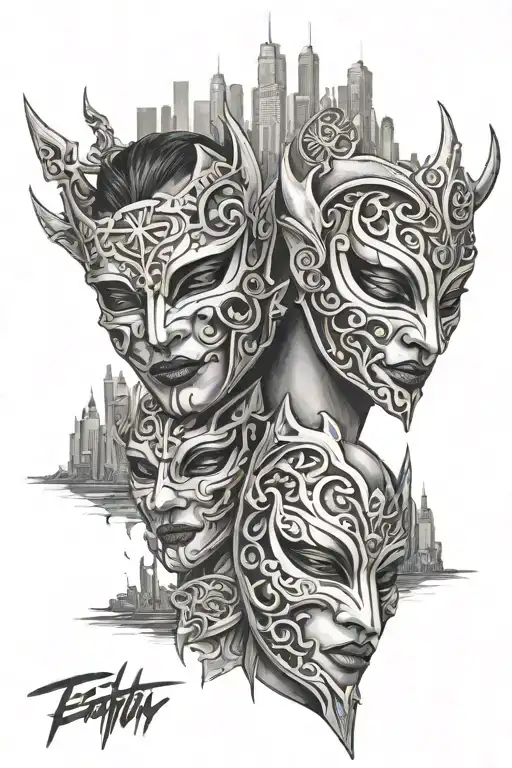 Two Masks And Broken City Skyline In The Background