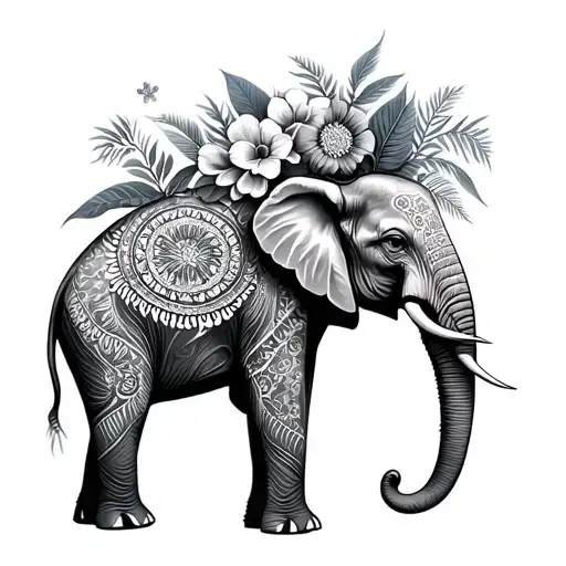 Elephant With Mandala Patterns Underneath And Jungle Flowers Over Top