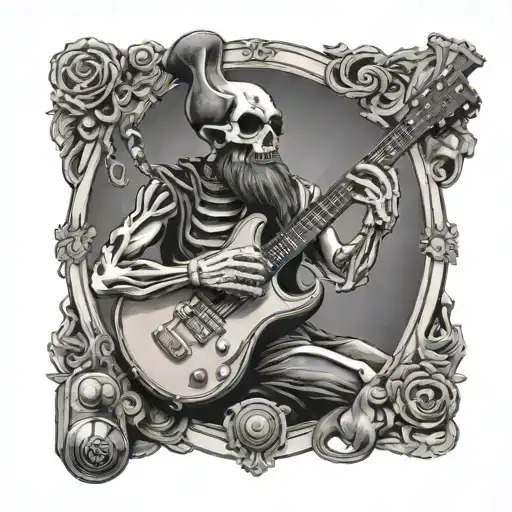 Bearded Skeleton Playing Electric Guitar With Vintage Microphone