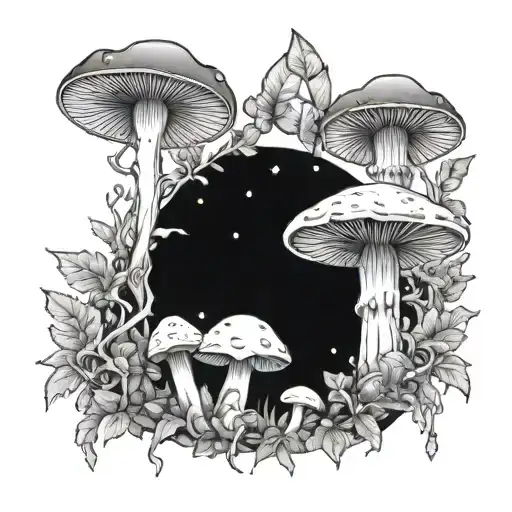 Mushrooms Forest With Lunar Moth And Crystals Growing